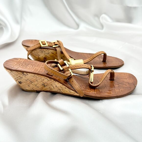 Tory Burch Pauline Tan Leather Demi Wedge Slingback Thong Size 6 M Sandals - Picture 5 of 15